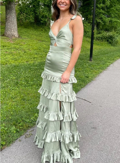 Sage A-Line Ruffles Tiered A-Line Satin Long Prom Dress Sexy Party Dress Formal Dress Wholesale