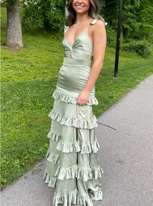 Sage A-Line Ruffles Tiered A-Line Satin Long Prom Dress Sexy Party Dress Formal Dress Wholesale