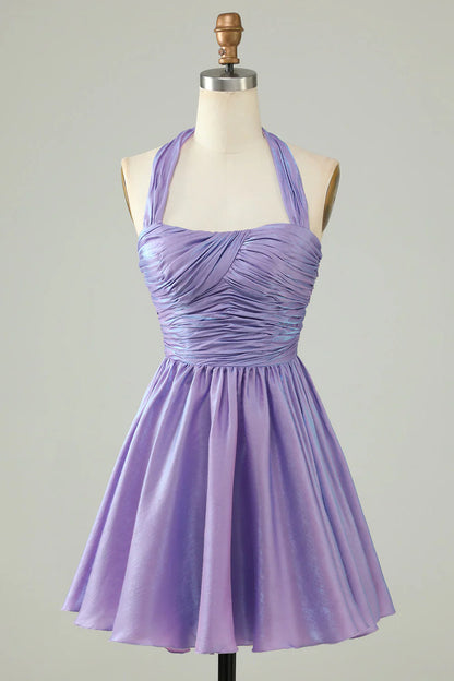 omberprom A Line Short Homecoming Dress Halter Open Back Sleeveless Purple Back To School Dress