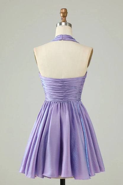 omberprom A Line Short Homecoming Dress Halter Open Back Sleeveless Purple Back To School Dress