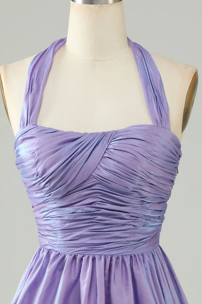 omberprom A Line Short Homecoming Dress Halter Open Back Sleeveless Purple Back To School Dress