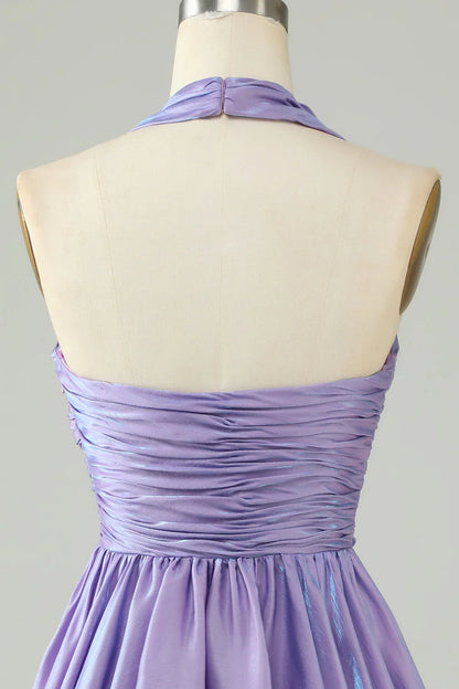 omberprom A Line Short Homecoming Dress Halter Open Back Sleeveless Purple Back To School Dress