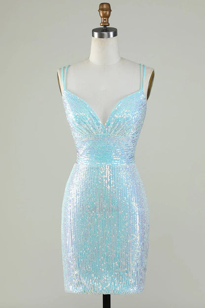 omberprom Short Homecoming Dress Sparkly Light Blue Sheath Sequins with Criss Cross Back