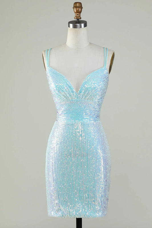 omberprom Short Homecoming Dress Sparkly Light Blue Sheath Sequins with Criss Cross Back