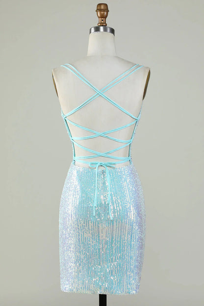 omberprom Short Homecoming Dress Sparkly Light Blue Sheath Sequins with Criss Cross Back