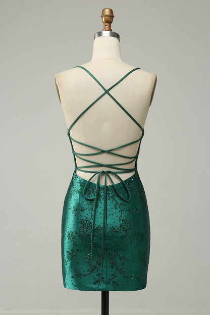 omberprom Homecoming Dress Dark Green Beaded Tight With Criss Cross Back