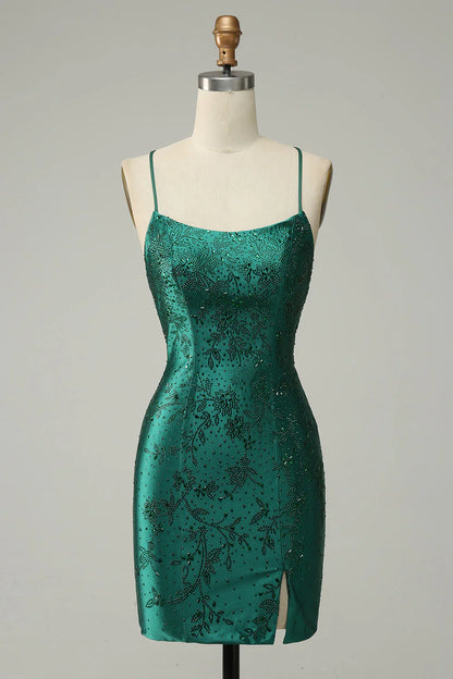 omberprom Homecoming Dress Dark Green Beaded Tight With Criss Cross Back