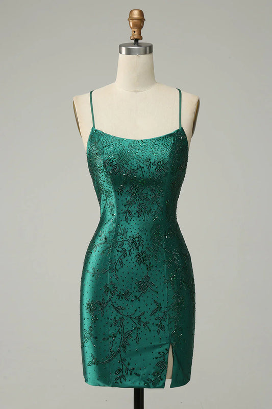 omberprom Homecoming Dress Dark Green Beaded Tight With Criss Cross Back