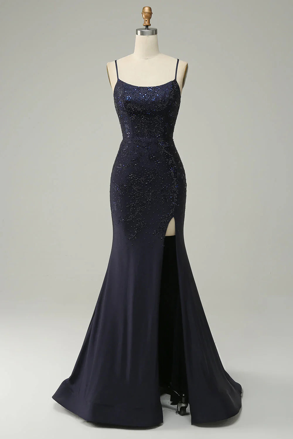 omberprom Mermaid Prom Dress Spaghetti Straps Beaded Evening Dress with Split