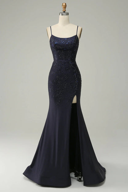 omberprom Mermaid Prom Dress Spaghetti Straps Beaded Evening Dress with Split