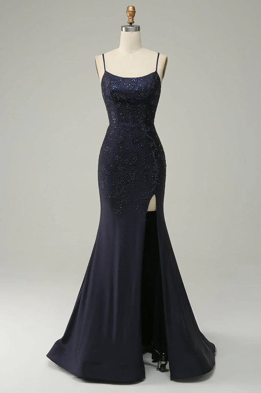 omberprom Mermaid Prom Dress Spaghetti Straps Beaded Evening Dress with Split