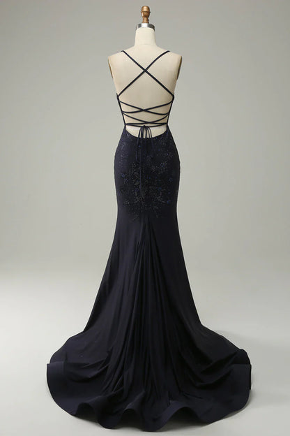 omberprom Mermaid Prom Dress Spaghetti Straps Beaded Evening Dress with Split