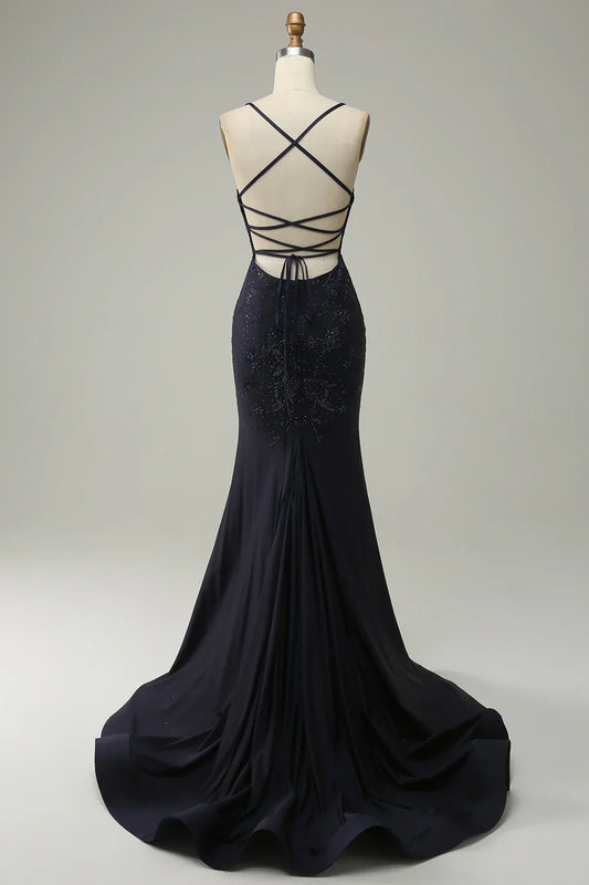 omberprom Mermaid Prom Dress Spaghetti Straps Beaded Evening Dress with Split