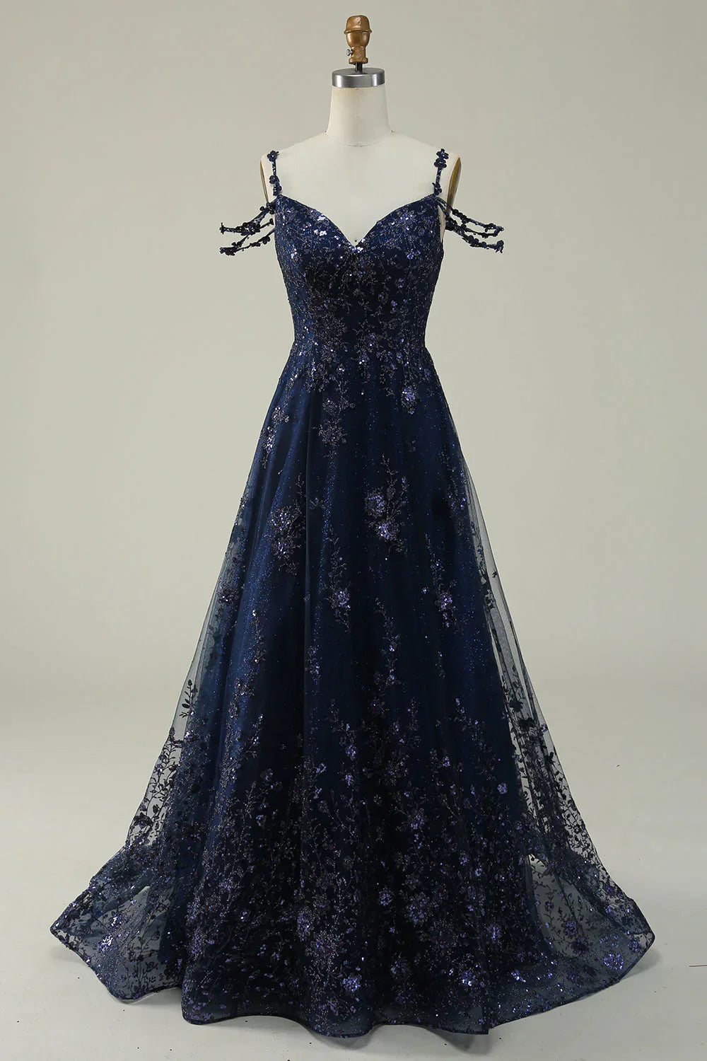omberprom Navy A Line Evening Dress Cold Shoulder Long Prom Dress With Appliques
