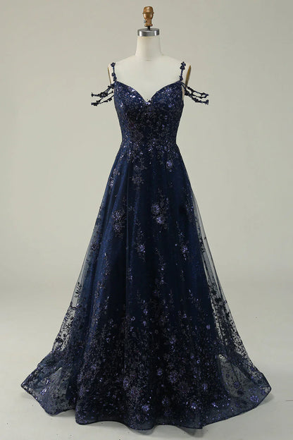 omberprom Navy A Line Evening Dress Cold Shoulder Long Prom Dress With Appliques