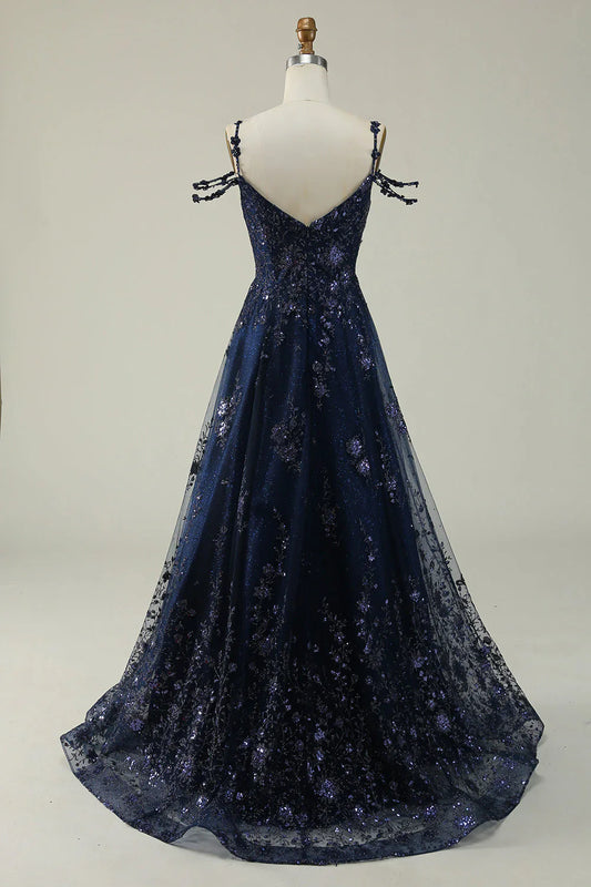 omberprom Navy A Line Evening Dress Cold Shoulder Long Prom Dress With Appliques